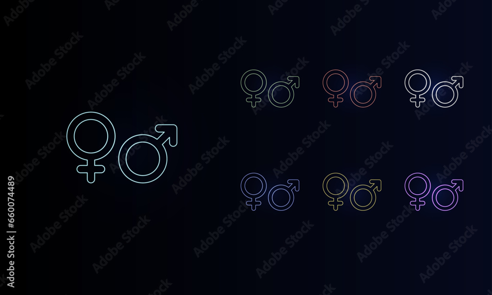 A set of neon gender symbols. Set of different color symbols, faint neon glow. Vector illustration on black background