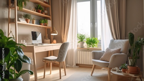 Inspiring office interior design Scandinavian style Private office featuring Window view architecture. Generative AI AIG 31. © Summit Art Creations