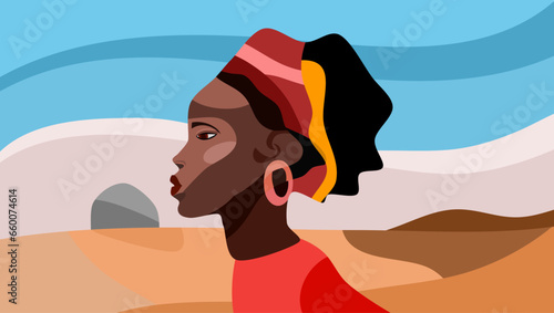 African woman character colorful flat stock illustration, concept of afro woman's beauty