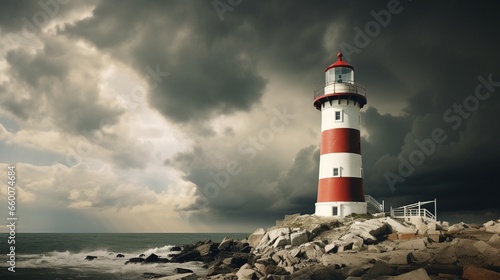 A historic lighthouse, its white and red facade contrasting against a backdrop of stormy gray clouds.