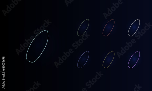 A set of neon surf board symbols. Set of different color symbols, faint neon glow. Vector illustration on black background