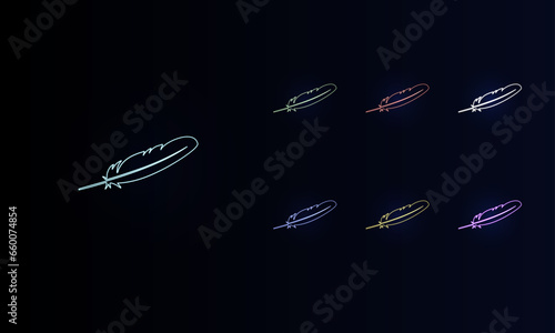 A set of neon feather symbols. Set of different color symbols  faint neon glow. Vector illustration on black background