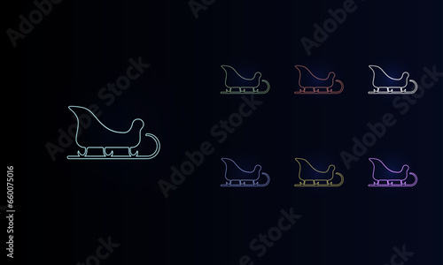 A set of neon sleigh symbols. Set of different color symbols, faint neon glow. Vector illustration on black background