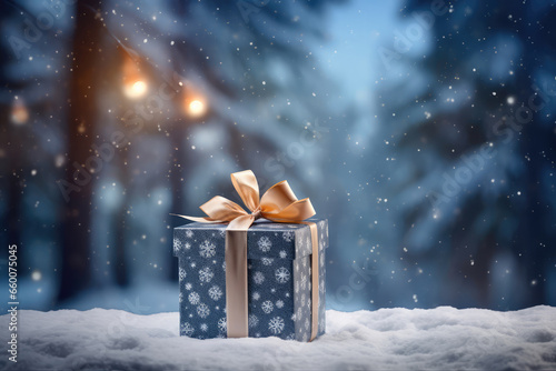 Gift box on snow with bokeh background. Christmas and New Year concept. © Tida