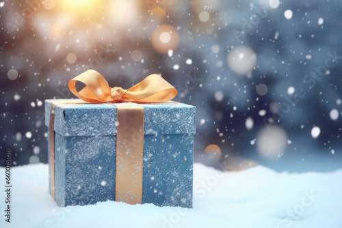 Blue gift box with gold bow on snow with bokeh background © Tida