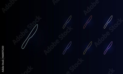 A set of neon kitchen knife symbols. Set of different color symbols, faint neon glow. Vector illustration on black background