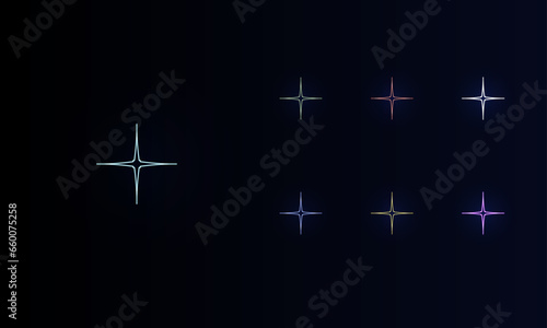 A set of neon abstract star symbols. Set of different color symbols, faint neon glow. Vector illustration on black background