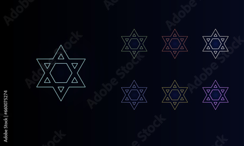 A set of neon star of David symbols. Set of different color symbols, faint neon glow. Vector illustration on black background