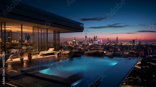 A sleek penthouse atop a skyscraper  a rooftop pool reflecting the city lights below.