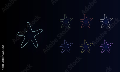 A set of neon starfish symbols. Set of different color symbols, faint neon glow. Vector illustration on black background