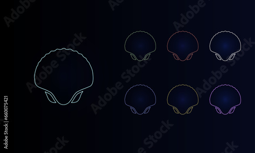 A set of neon sea shell symbols. Set of different color symbols, faint neon glow. Vector illustration on black background
