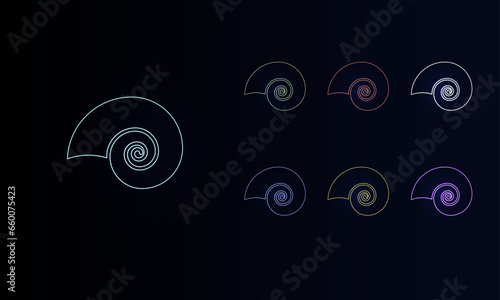 A set of neon marine nautilus symbols. Set of different color symbols, faint neon glow. Vector illustration on black background
