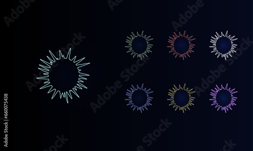 A set of neon sea urchin symbols. Set of different color symbols, faint neon glow. Vector illustration on black background