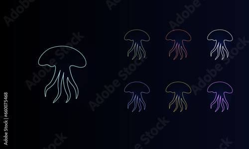 A set of neon jellyfish symbols. Set of different color symbols, faint neon glow. Vector illustration on black background