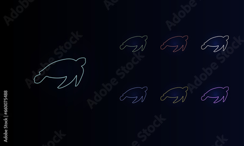 A set of neon sea turtle symbols. Set of different color symbols, faint neon glow. Vector illustration on black background