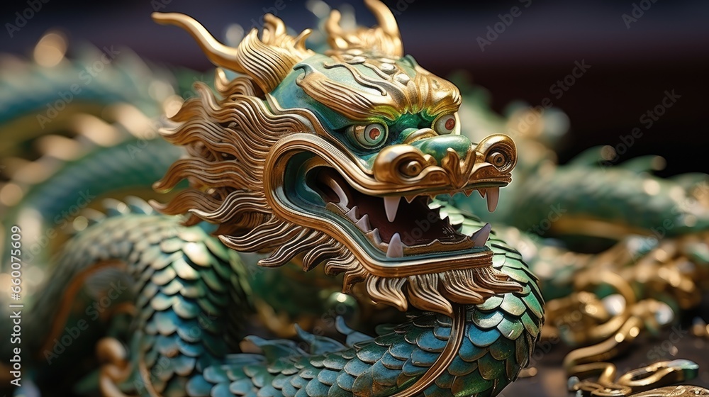 Green wooden dragon statuette background. Happy Chinese New Year 2024 celebration concept. Traditional Asian dragon zodiac sign..