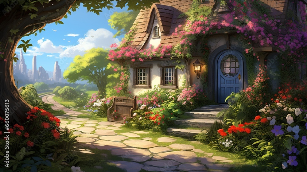 A sunlit quaint cottage with a garden path bordered by vibrant blossoms.