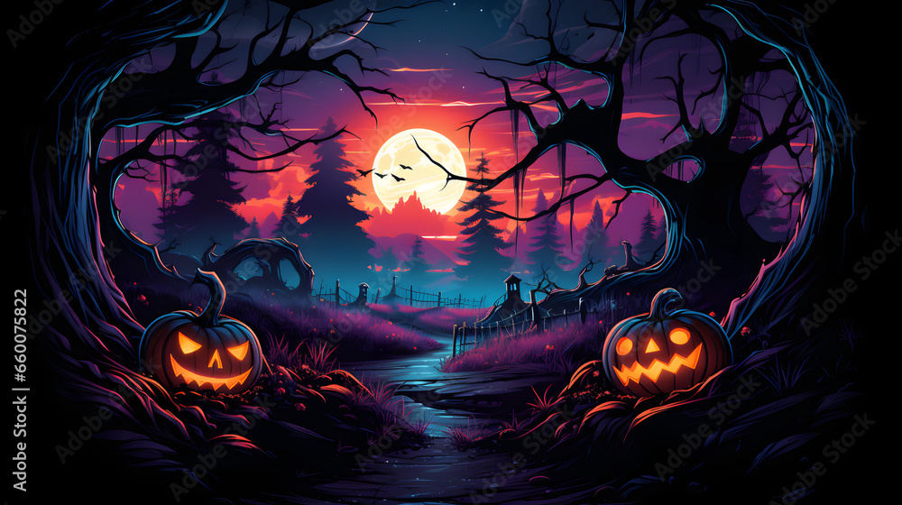 Horror scenery with zombies and pumpkins