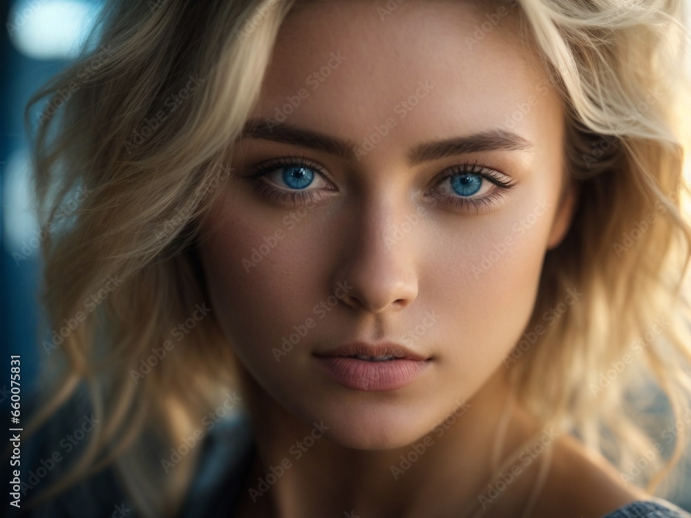Extreme close-up on woman face with blue eyes blonde hair perfect skin and stunning gaze. Extreme close-up on woman face with blue eyes blonde hair perfect skin and stunning gaze.
