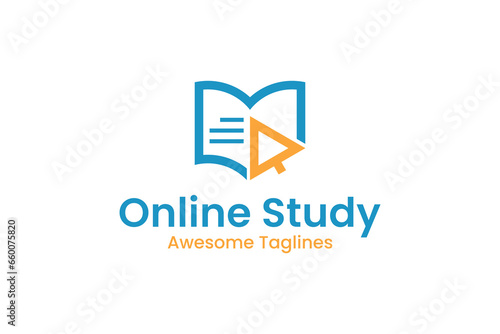Online education logo template, e-learning  vector design. Computer mouse and open book illustration