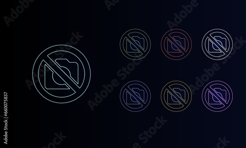 A set of neon no photo symbols. Set of different color symbols, faint neon glow. Vector illustration on black background