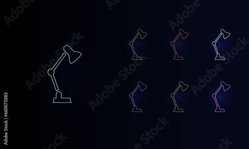 A set of neon table lamp symbols. Set of different color symbols, faint neon glow. Vector illustration on black background