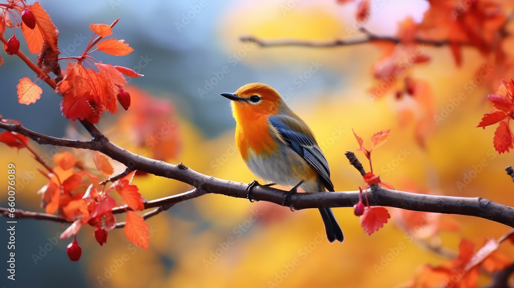 Red-breasted Warbler (Cyornis rubecula) on a branch in autumn Red-breasted Warbler (Cyornis rubecula) on a branch in autumn