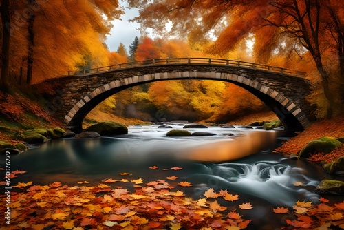 River flowing under stone bridge with floating autumn, . © MSohail