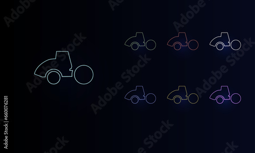 A set of neon road roller symbols. Set of different color symbols, faint neon glow. Vector illustration on black background