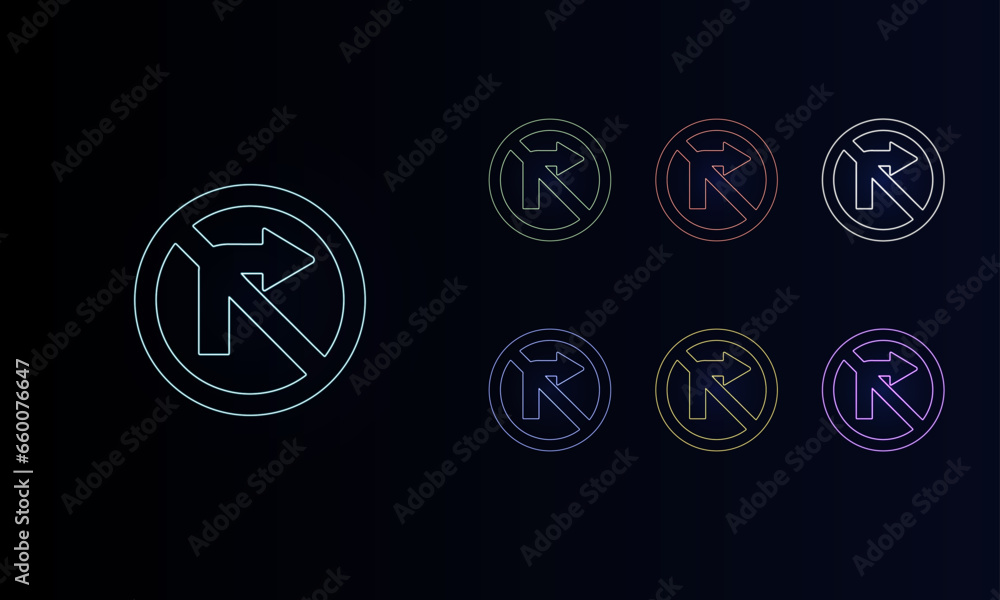 A set of neon no right turn signs. Set of different color symbols, faint neon glow. Vector illustration on black background A set of neon no right turn signs. Set of different color symbols, faint neon glow. Vector illustration on black background