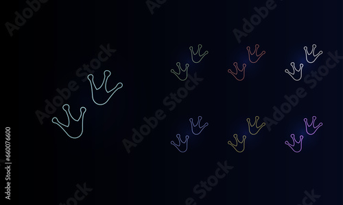 A set of neon frog tracks symbols. Set of different color symbols, faint neon glow. Vector illustration on black background