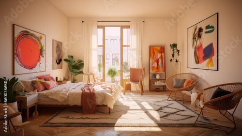 Bedroom decor  home interior design . Modern Bohemian style with Gallery Wall decorated with Concrete and Textiles material . Generative AI AIG26.