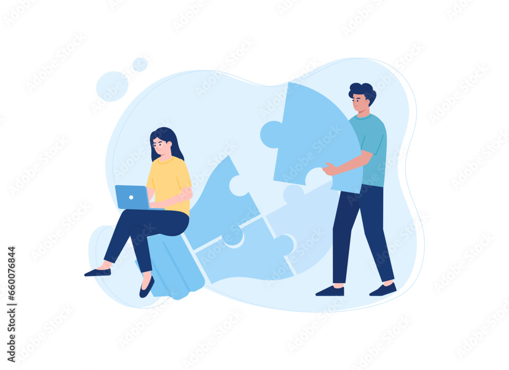 People connecting the light bulb jigsaw pieces concept flat illustration People connecting the light bulb jigsaw pieces concept flat illustration