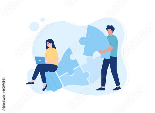 People connecting the light bulb jigsaw pieces concept flat illustration