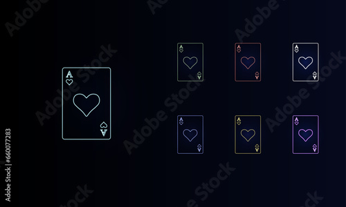 A set of neon ace of heart cards. Set of different color symbols, faint neon glow. Vector illustration on black background