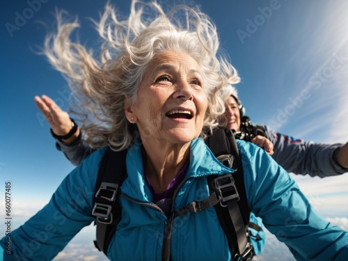 An elderly woman fearlessly skydiving through the open sky, capturing an exhilarating moment by taking a selfie mid-air. 