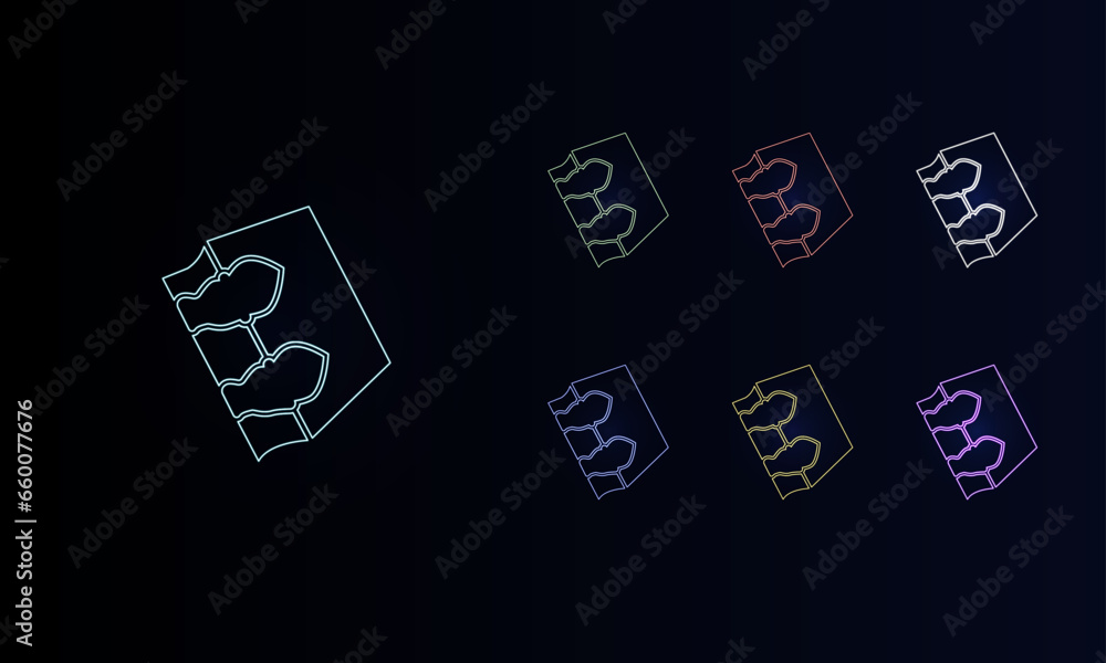 A set of neon magic book symbols. Set of different color symbols, faint neon glow. Vector illustration on black background A set of neon magic book symbols. Set of different color symbols, faint neon glow. Vector illustration on black background