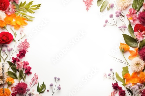 Colorful flowers and leaves on a white background