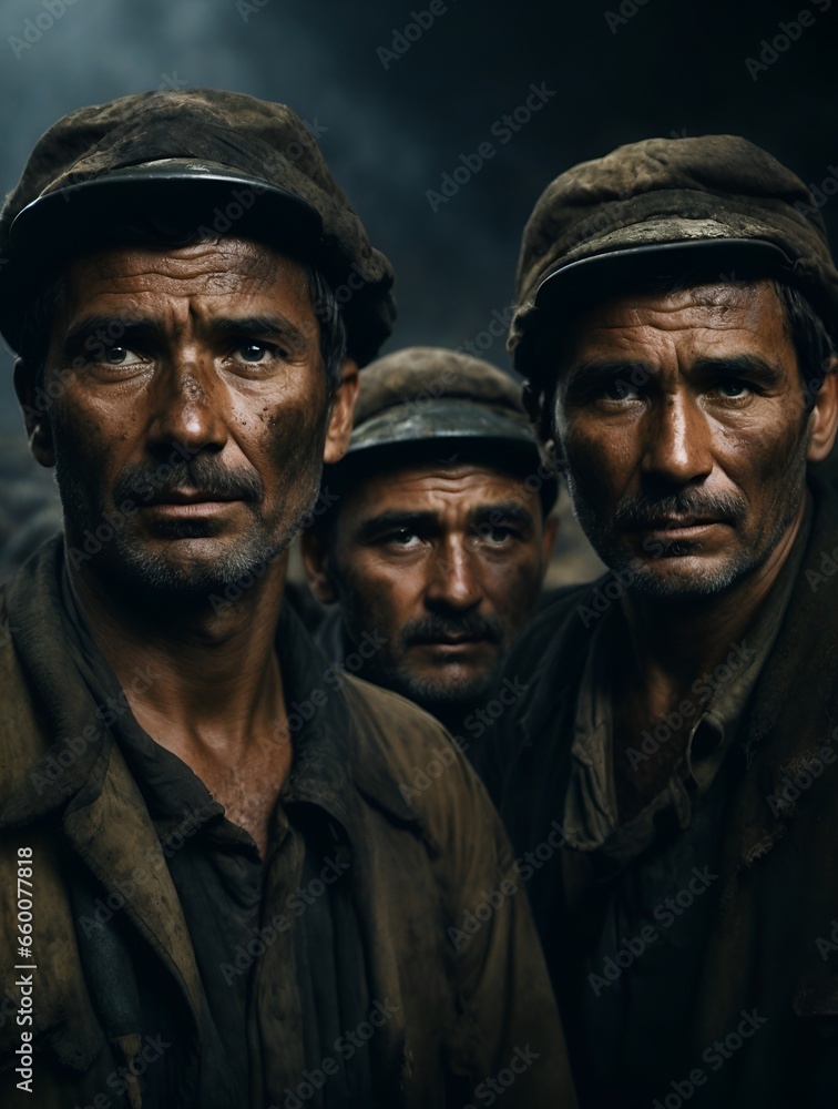 Fototapeta premium Weathered Romanian coal miners toil away in the depths of a dark and foreboding mine