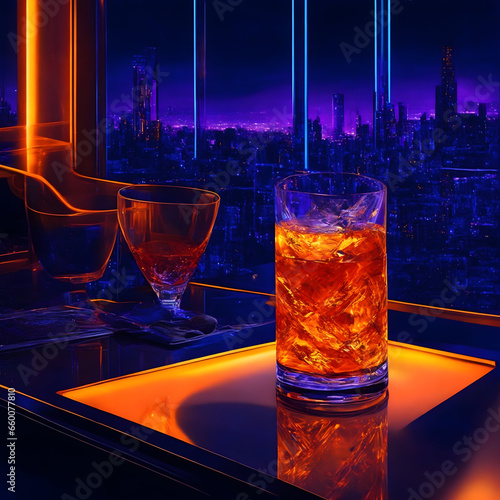 Within a sleek modern lounge, a whiskey glass filled with a smoky single malt Scotch stands on a futuristic illuminated bar. The LED lights beneath the glass table cast a neon glow, creating an otherw