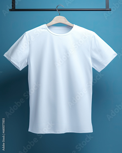 A clean and minimalistic white t-shirt mockup isolated on a blue background