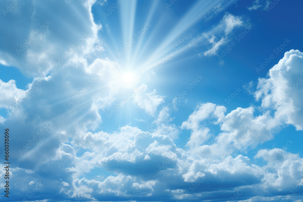 Blue sky background with tiny clouds and sun rays. Copy space.