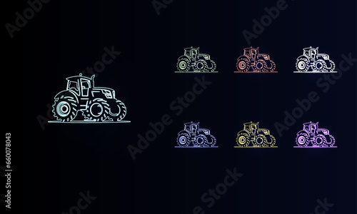 A set of neon tractor symbols. Set of different color symbols, faint neon glow. Vector illustration on black background
