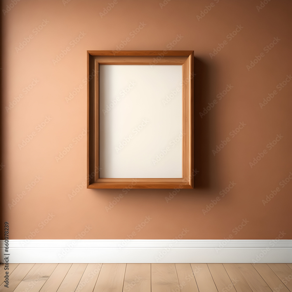 A single empty frame in a rustic wooden finish, propped on a floating shelf on a warm-toned terracotta wall in a room with textured cream walls and a hardwood floor in a light oak color.
A single empty frame in a rustic wooden finish, propped on a floating shelf on a warm-toned terracotta wall in a room with textured cream walls and a hardwood floor in a light oak color.