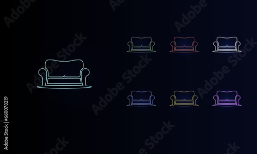 A set of neon sofa symbols. Set of different color symbols, faint neon glow. Vector illustration on black background
