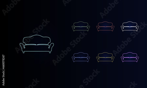 A set of neon sofa symbols. Set of different color symbols, faint neon glow. Vector illustration on black background