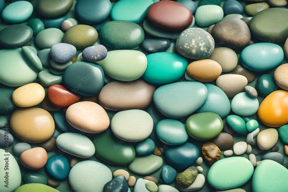 Color full  sea pebble stone stack on light green,