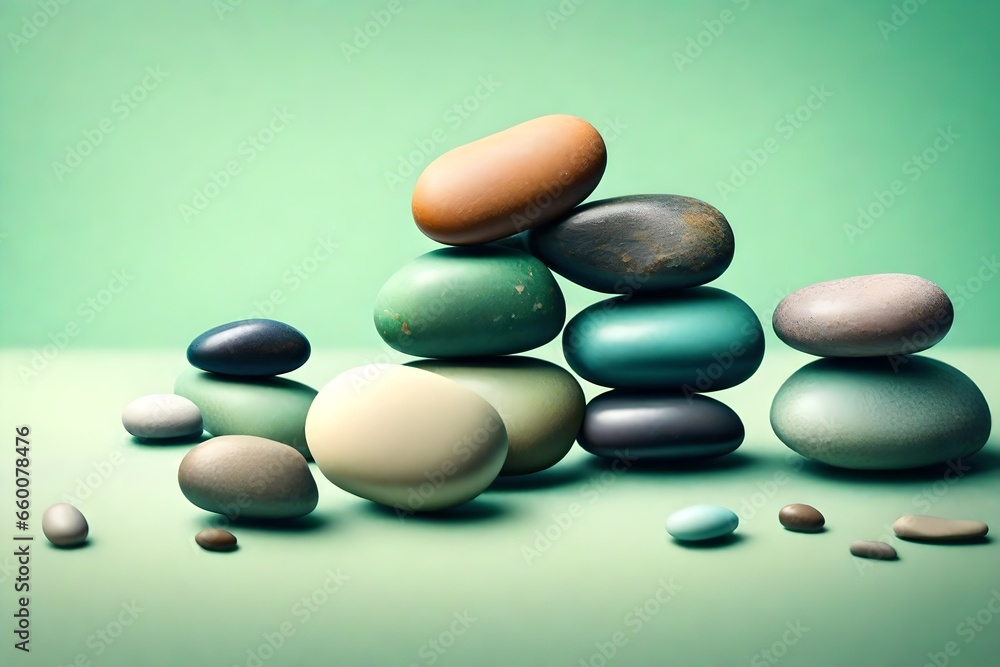 Color full sea pebble stone stack on light green, Color full sea pebble stone stack on light green,
