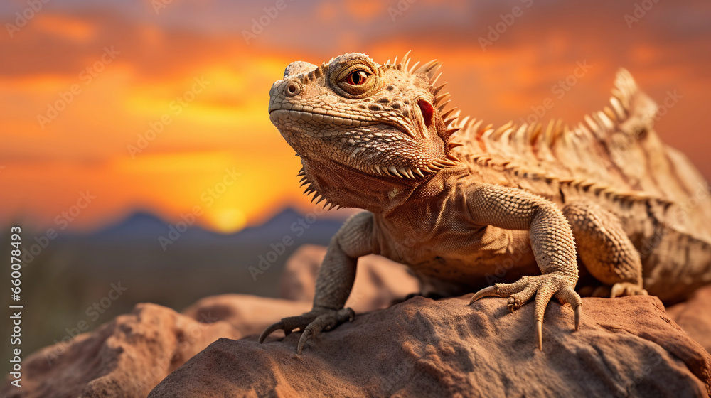 Desert landscape at sunset, featuring a horned lizard in striking pose on a rock, rich textures, golden hour