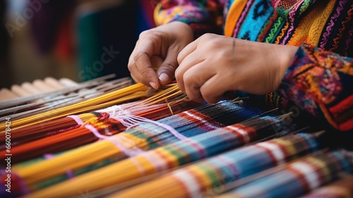 A close-up of hands expertly weaving a colorful ethnic folk rug, Ethnic Folk, blurred background